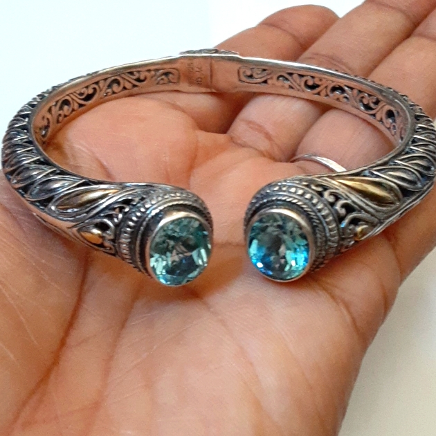 18k, 925 Artisan Crafted Hinged Blue Topaz Cuff. Firm.